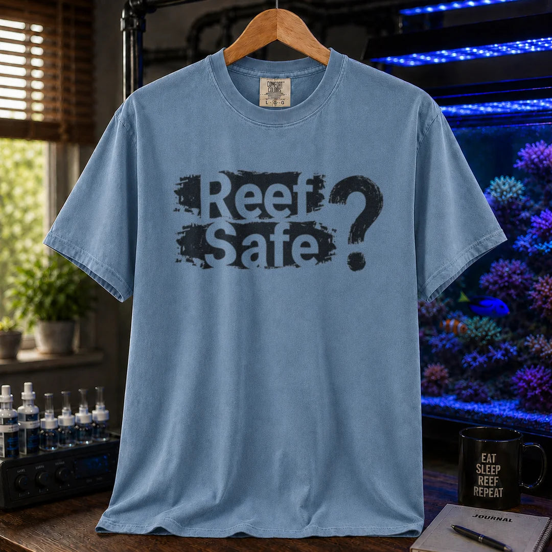 Saltwater aquarium graphic t-shirt featuring distressed text reading Reef Safe? with a question mark, blue crew neck tee
