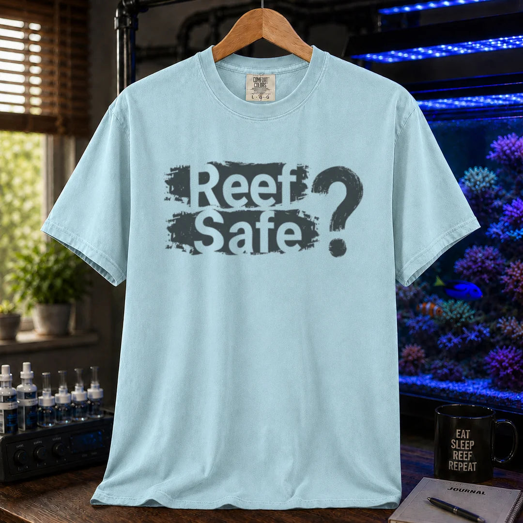 Saltwater aquarium graphic t-shirt featuring distressed text reading Reef Safe? with a question mark, light blue crew neck tee