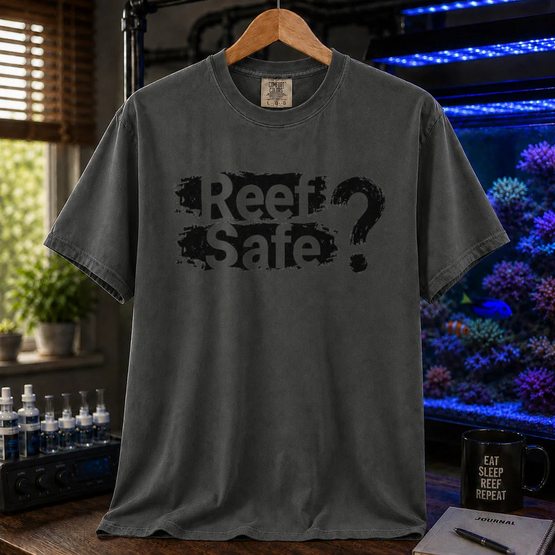 Saltwater aquarium graphic t-shirt featuring distressed text reading Reef Safe? with a question mark, dark grey crew neck tee
