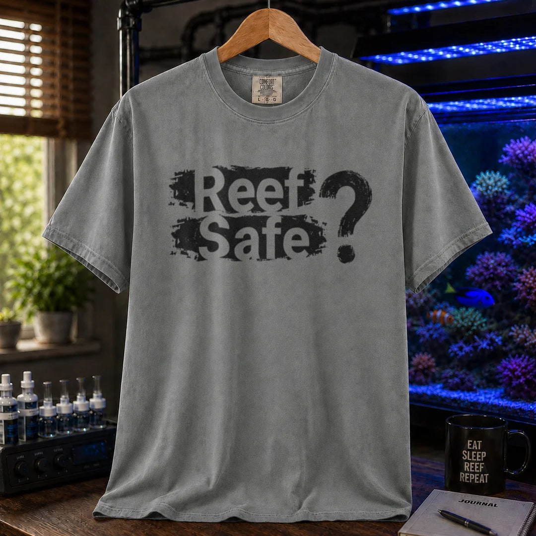 Saltwater aquarium graphic t-shirt featuring distressed text reading Reef Safe? with a question mark, grey crew neck tee