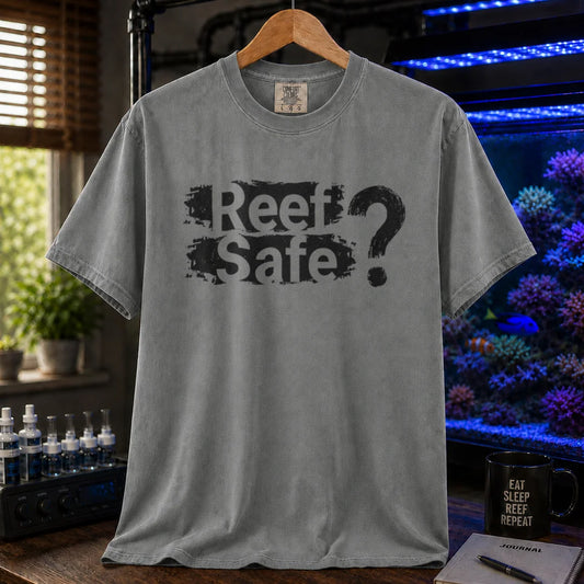 Saltwater aquarium graphic t-shirt featuring distressed text reading Reef Safe? with a question mark, grey crew neck tee