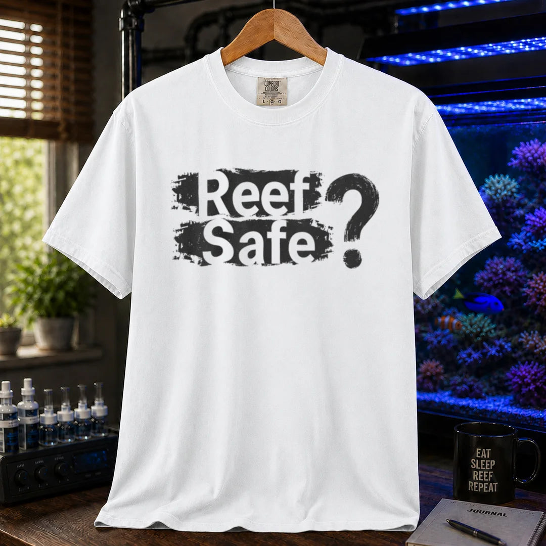 Saltwater aquarium graphic t-shirt featuring distressed text reading Reef Safe? with a question mark, white crew neck tee