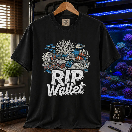 Saltwater aquarium graphic t-shirt featuring a detailed coral reef illustration and text reading RIP Wallet, black crew neck tee