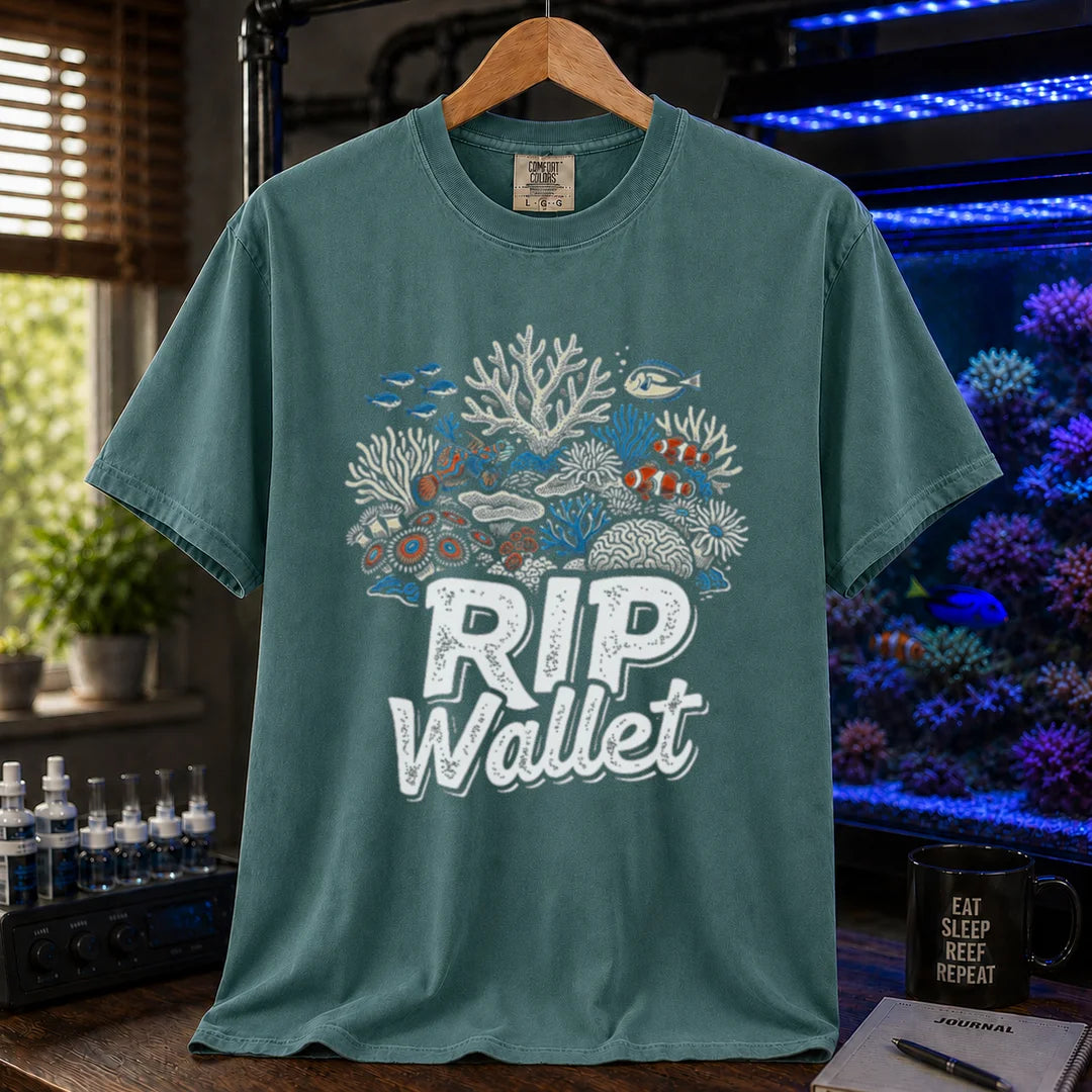 Saltwater aquarium graphic t-shirt featuring a detailed coral reef illustration and text reading RIP Wallet, green crew neck tee