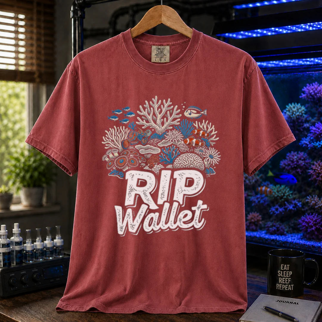 Saltwater aquarium graphic t-shirt featuring a detailed coral reef illustration and text reading RIP Wallet, maroon, red crew neck tee