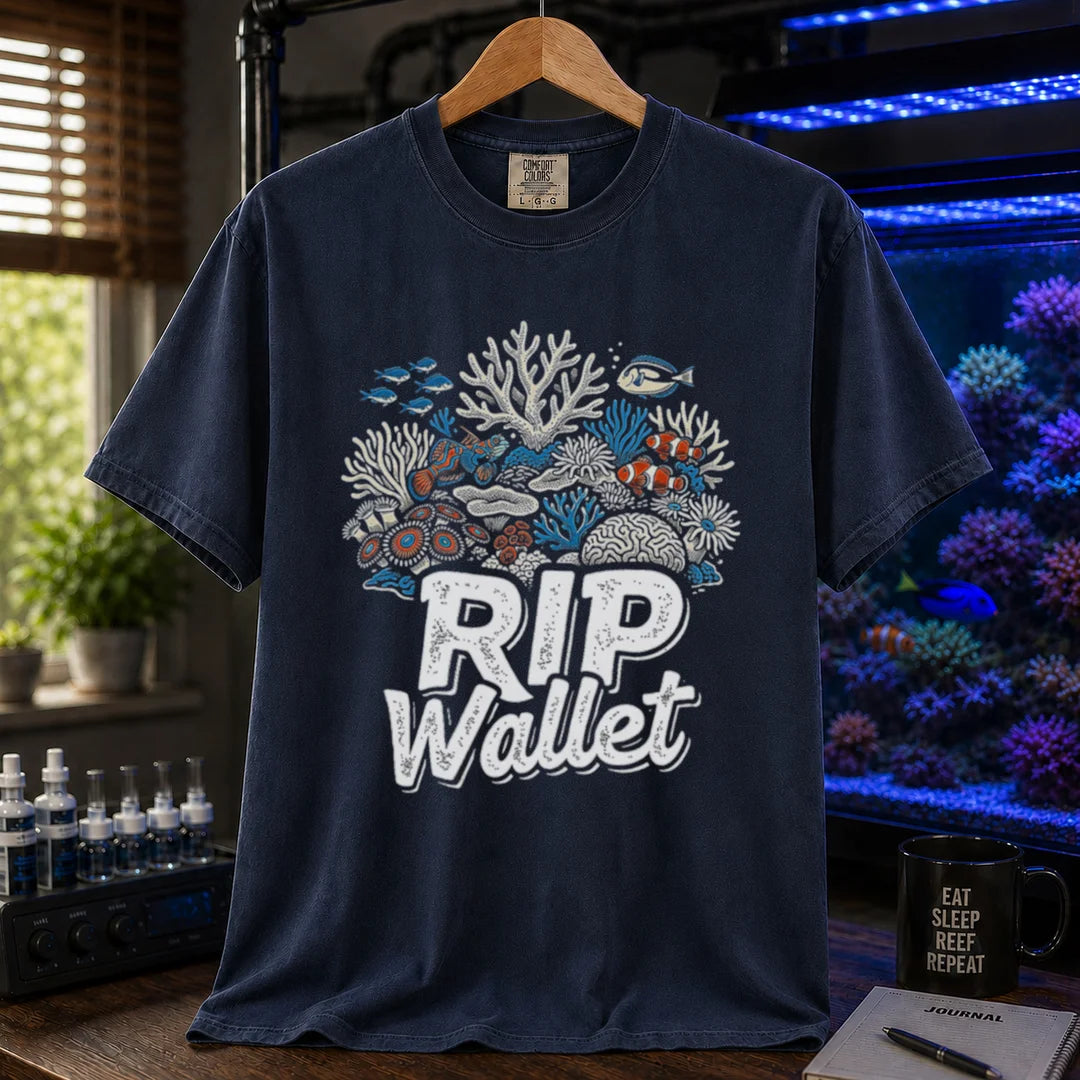Saltwater aquarium graphic t-shirt featuring a detailed coral reef illustration and text reading RIP Wallet, navy crew neck tee