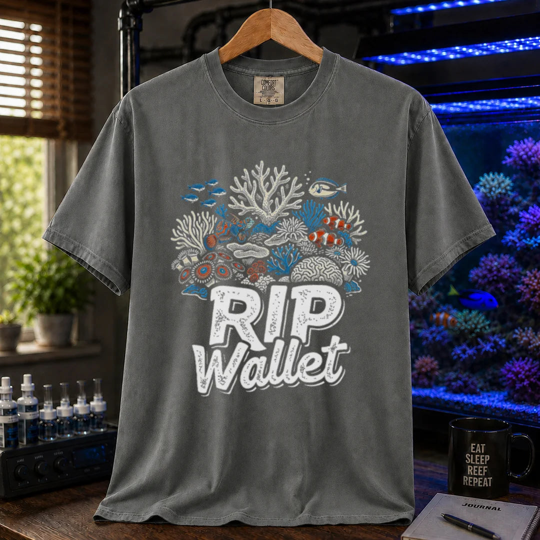 Saltwater aquarium graphic t-shirt featuring a detailed coral reef illustration and text reading RIP Wallet, dark grey crew neck tee