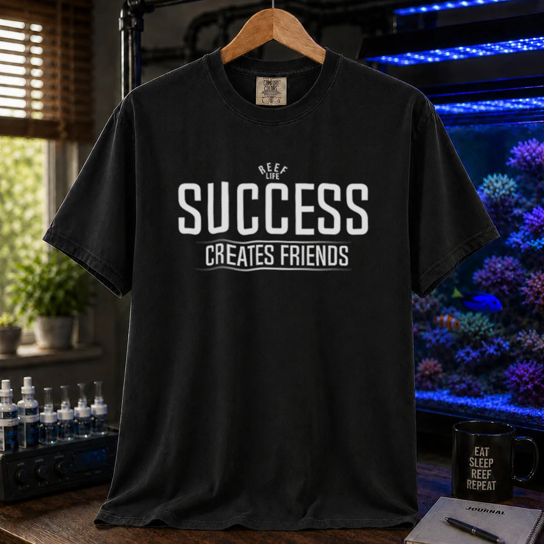 Saltwater aquarium graphic t-shirt featuring text: REEF LIFE SUCCESS CREATES FRIENDS, black crew neck tee