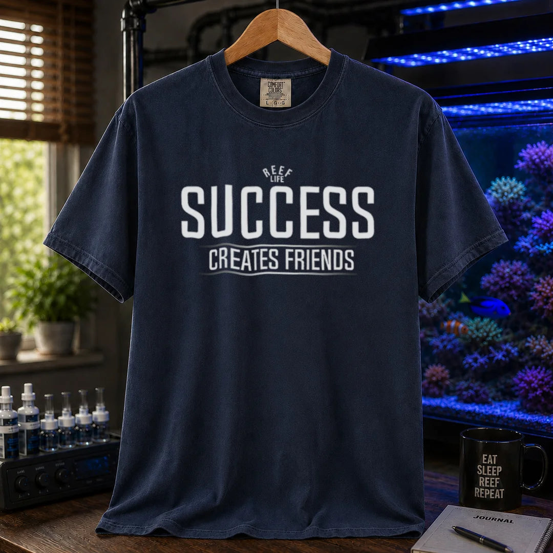 Saltwater aquarium graphic t-shirt featuring text: REEF LIFE SUCCESS CREATES FRIENDS, navy crew neck tee