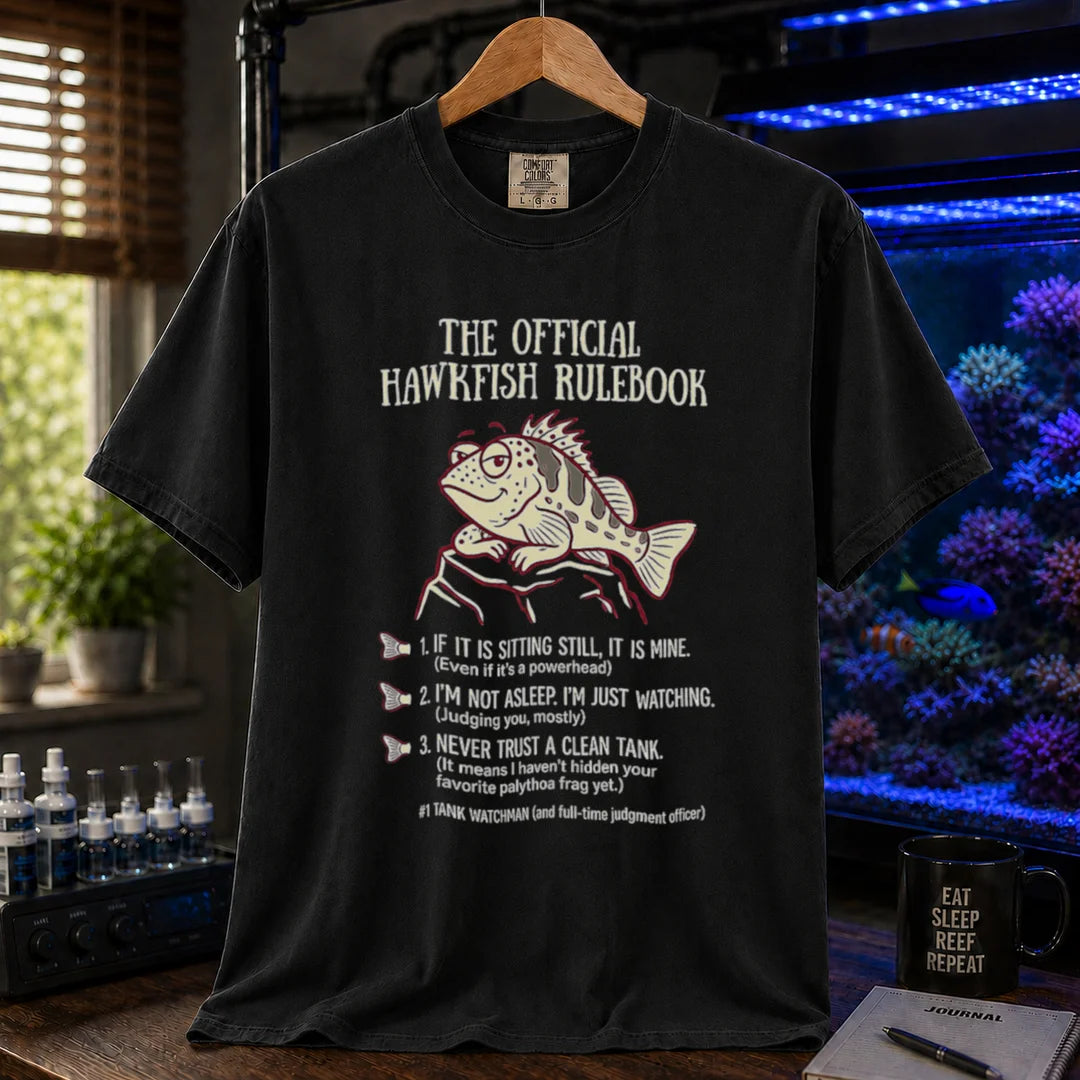 Saltwater aquarium graphic t-shirt featuring a hawkfish illustration and the official hawkfish rulebook text, black crew neck tee