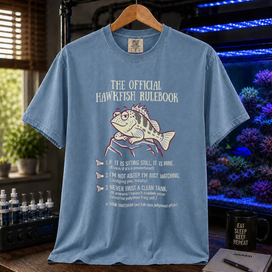 Saltwater aquarium graphic t-shirt featuring a hawkfish illustration and the official hawkfish rulebook text, blue crew neck tee