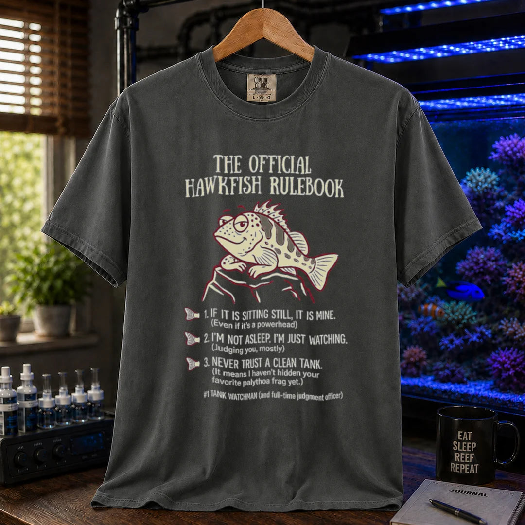 Saltwater aquarium graphic t-shirt featuring a hawkfish illustration and the official hawkfish rulebook text, dark grey crew neck tee
