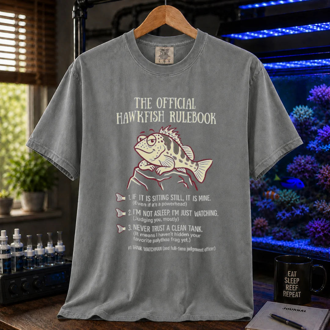 Saltwater aquarium graphic t-shirt featuring a hawkfish illustration and the official hawkfish rulebook text, grey crew neck tee