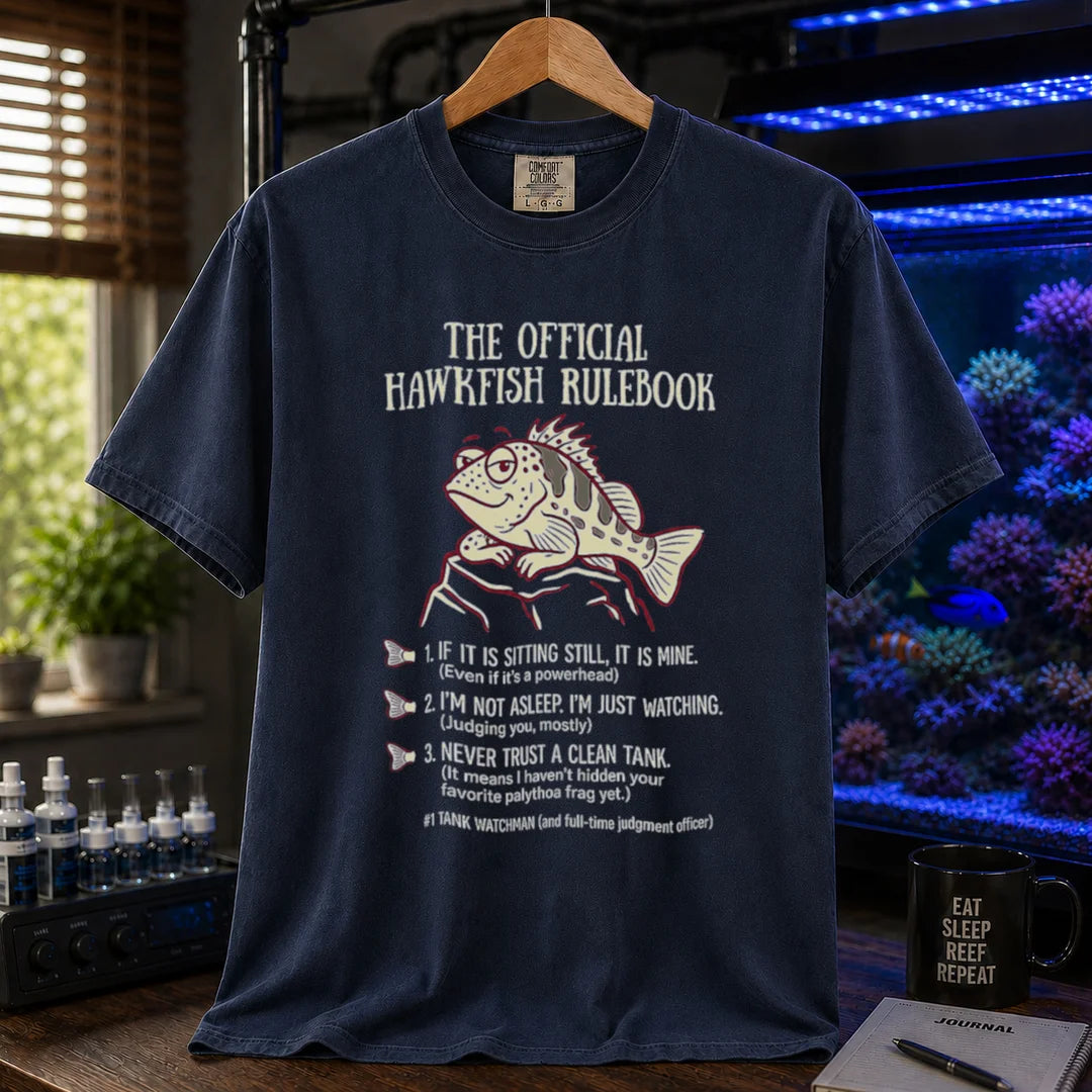 Saltwater aquarium graphic t-shirt featuring a hawkfish illustration and the official hawkfish rulebook text, navy crew neck tee