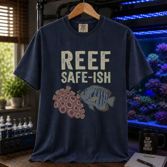 Saltwater aquarium graphic t-shirt featuring a fish nibbling coral illustration with text: REEF SAFE-ISH, navy crew neck tee