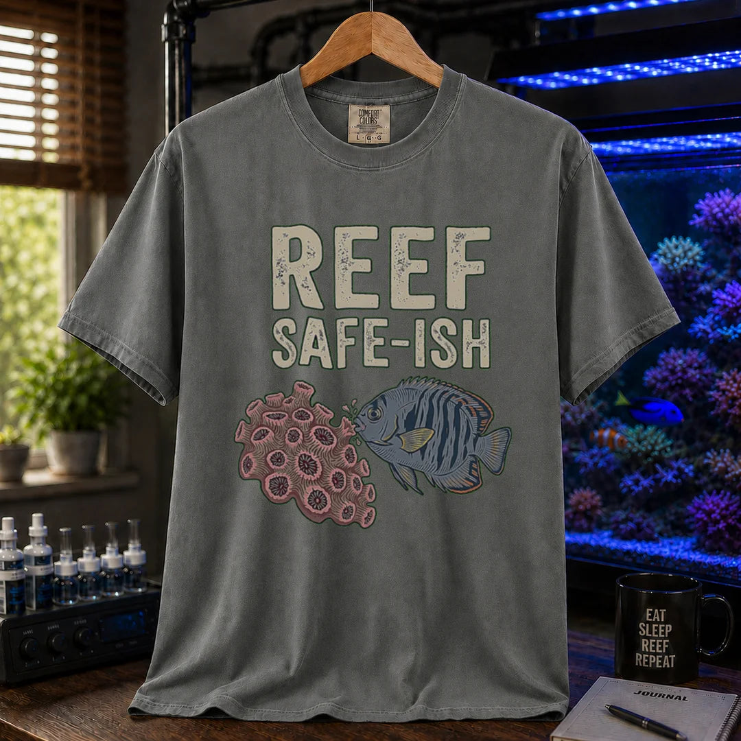 Saltwater aquarium graphic t-shirt featuring a fish nibbling coral illustration with text: REEF SAFE-ISH, grey crew neck tee
