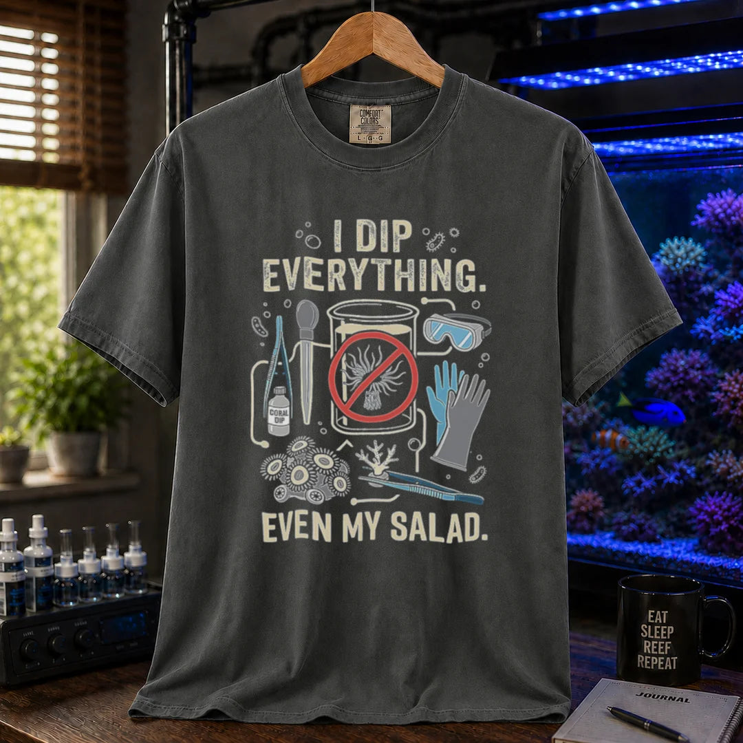 Saltwater aquarium graphic t-shirt featuring coral dipping gear and text: I DIP EVERYTHING. EVEN MY SALAD., dark grey crew neck tee
