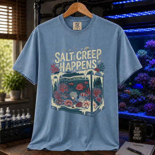 Saltwater aquarium graphic t-shirt featuring an illustration of a tank covered in salt buildup with text: SALT CREEP HAPPENS, blue crew neck tee