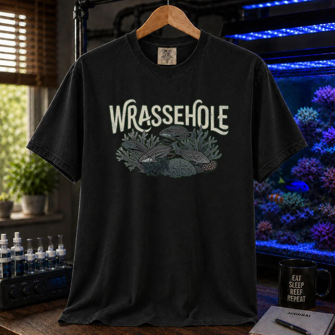 Saltwater aquarium graphic t-shirt featuring a wrasse fish reef illustration with text: WRASSEHOLE, black crew neck tee