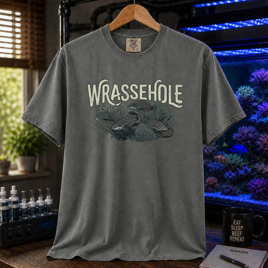 Saltwater aquarium graphic t-shirt featuring a wrasse fish reef illustration with text: WRASSEHOLE, dark grey crew neck tee