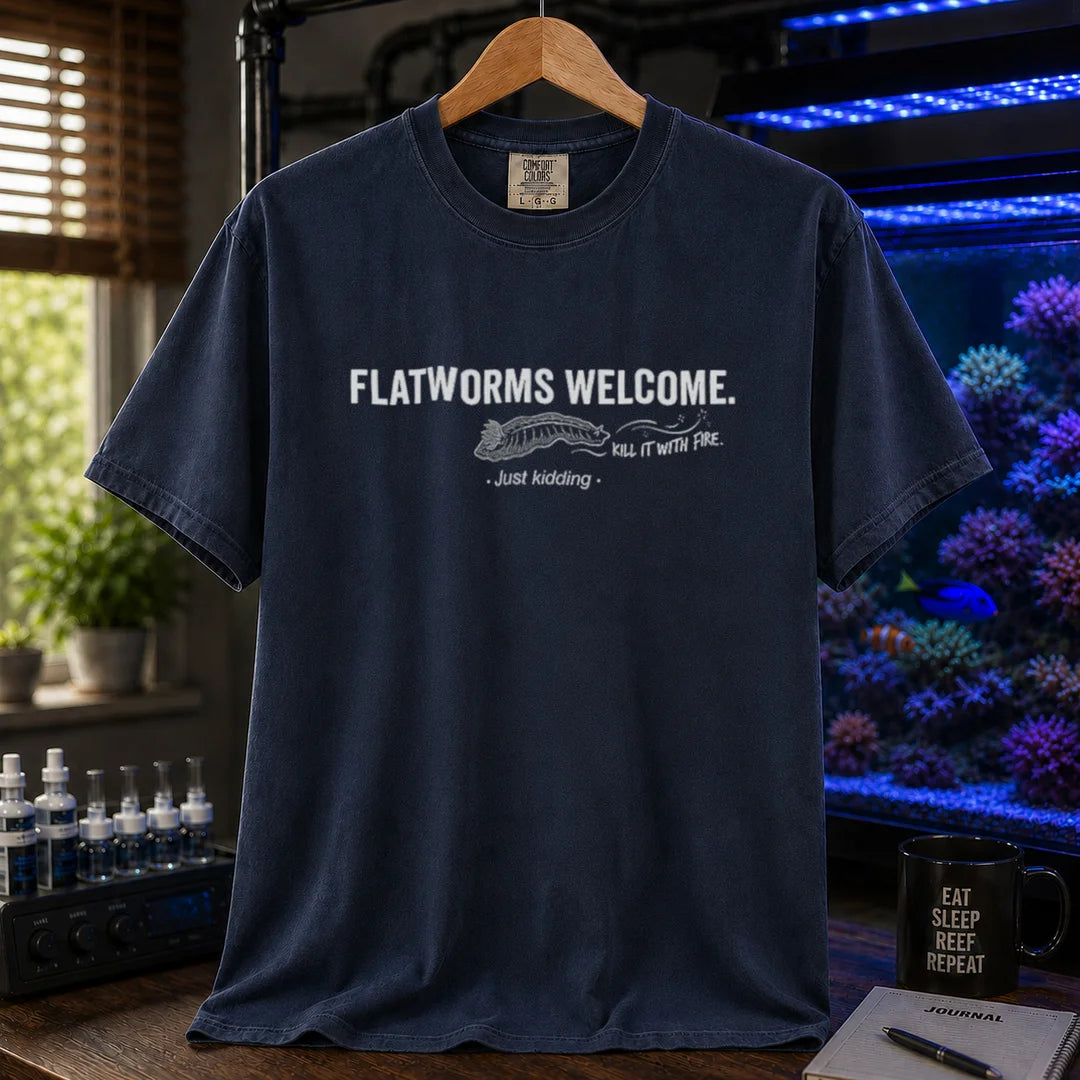 Saltwater aquarium graphic t-shirt featuring a flatworm illustration and text: FLATWORMS WELCOME. KILL IT WITH FIRE. . Just kidding ., navy crew neck tee