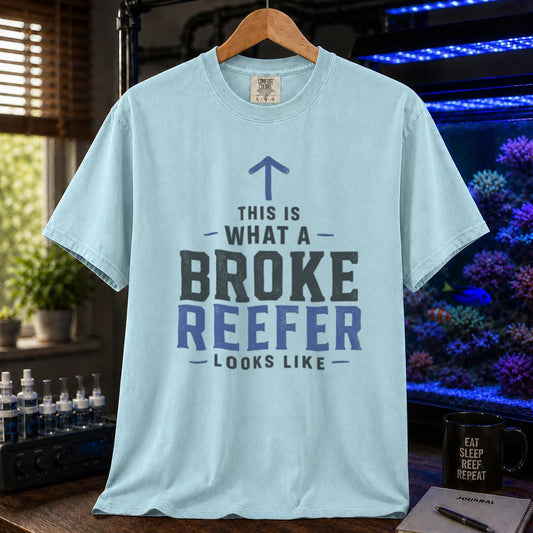 Saltwater aquarium graphic t-shirt featuring an upward arrow and bold text: THIS IS WHAT A BROKE REEFER LOOKS LIKE, light blue crew neck tee