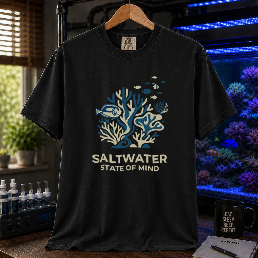 Saltwater aquarium graphic t-shirt featuring a minimalist coral and fish illustration with text: SALTWATER STATE OF MIND, black crew neck tee