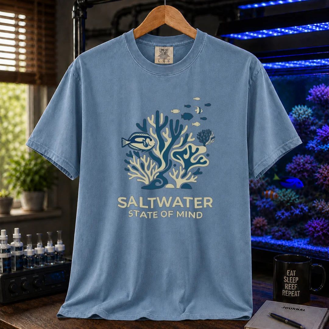 Saltwater aquarium graphic t-shirt featuring a minimalist coral and fish illustration with text: SALTWATER STATE OF MIND, blue crew neck tee