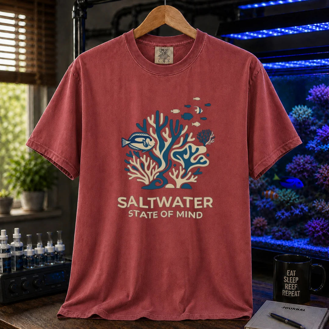 Saltwater aquarium graphic t-shirt featuring a minimalist coral and fish illustration with text: SALTWATER STATE OF MIND, maroon, red crew neck tee