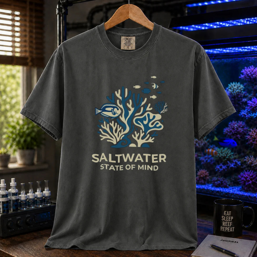 Saltwater aquarium graphic t-shirt featuring a minimalist coral and fish illustration with text: SALTWATER STATE OF MIND, dark grey crew neck tee