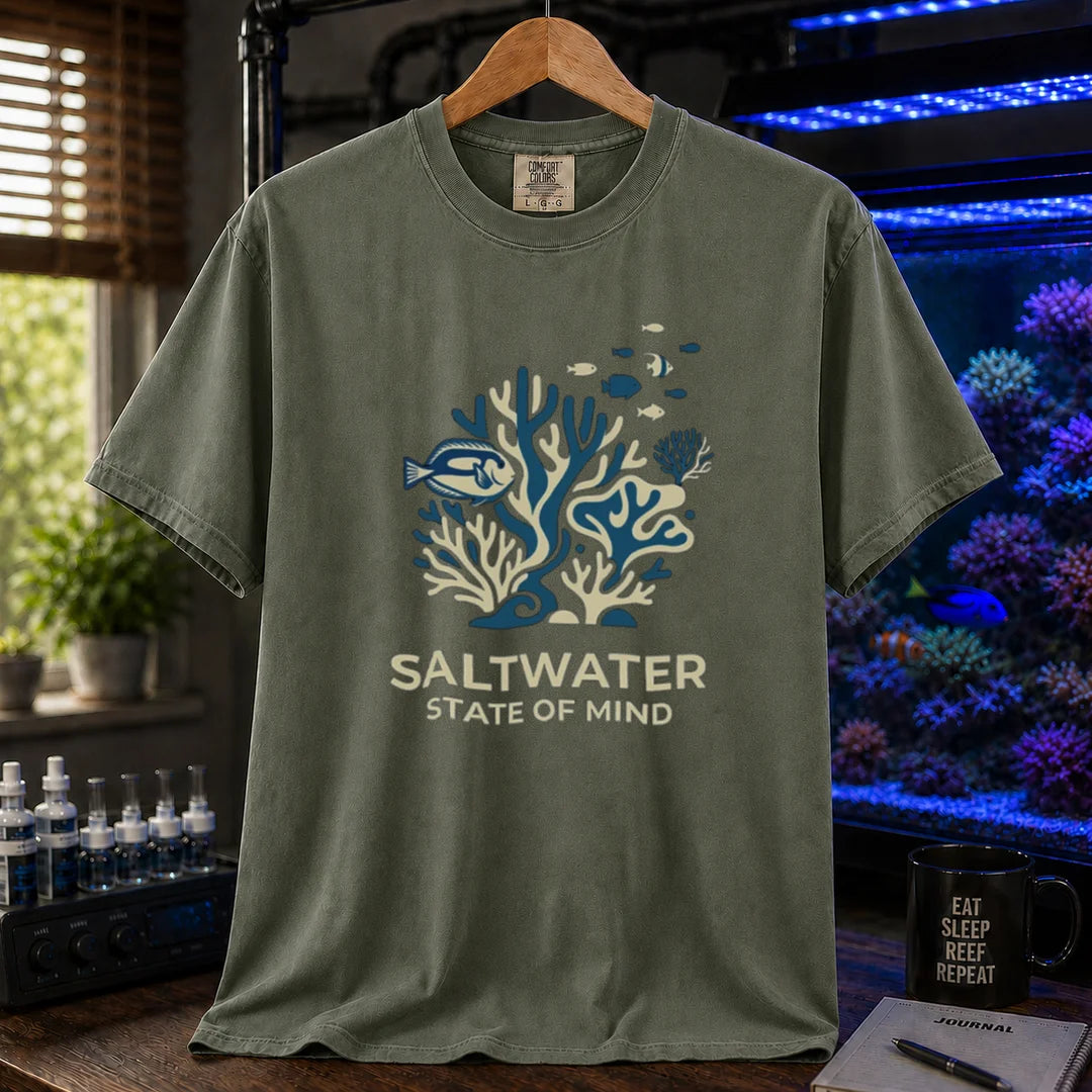 Saltwater aquarium graphic t-shirt featuring a minimalist coral and fish illustration with text: SALTWATER STATE OF MIND, military green crew neck tee