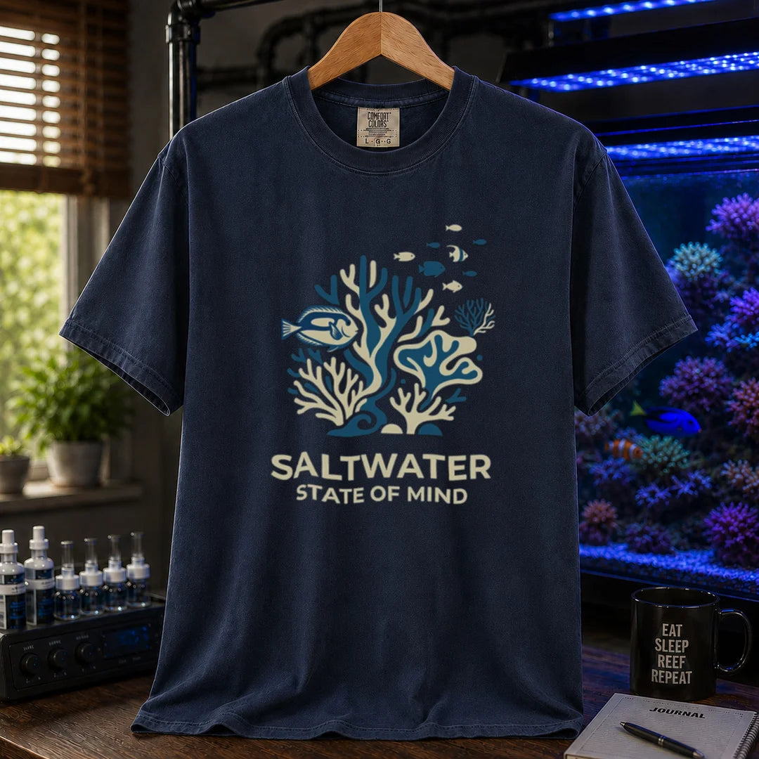 Saltwater aquarium graphic t-shirt featuring a minimalist coral and fish illustration with text: SALTWATER STATE OF MIND, navy crew neck tee