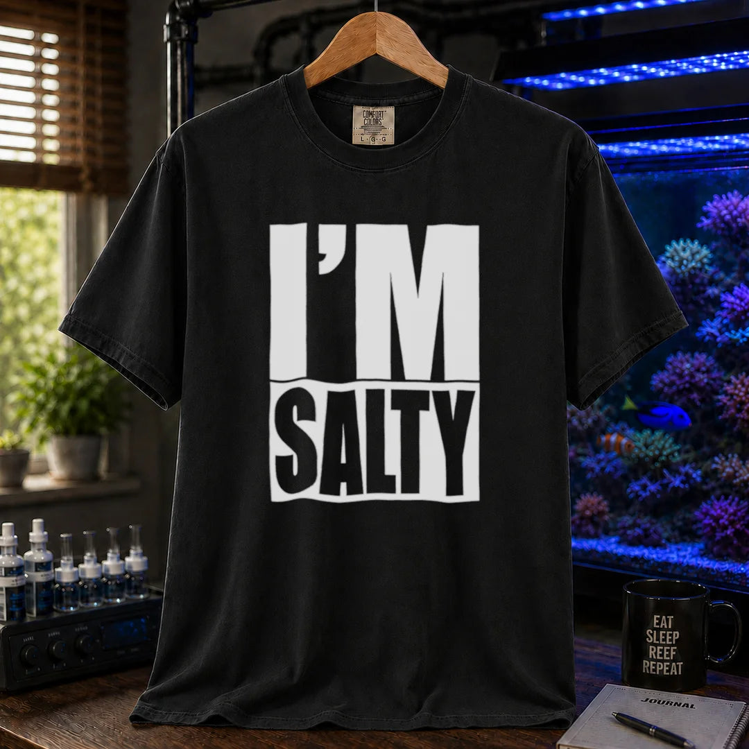 Saltwater aquarium graphic t-shirt featuring bold block text: I'M SALTY with a water line, black crew neck tee