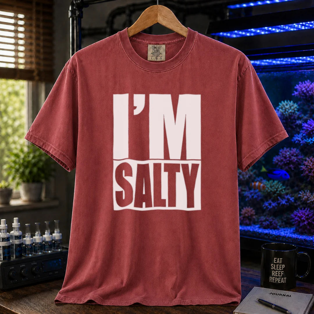 Saltwater aquarium graphic t-shirt featuring bold block text: I'M SALTY with a water line, maroon, red crew neck tee