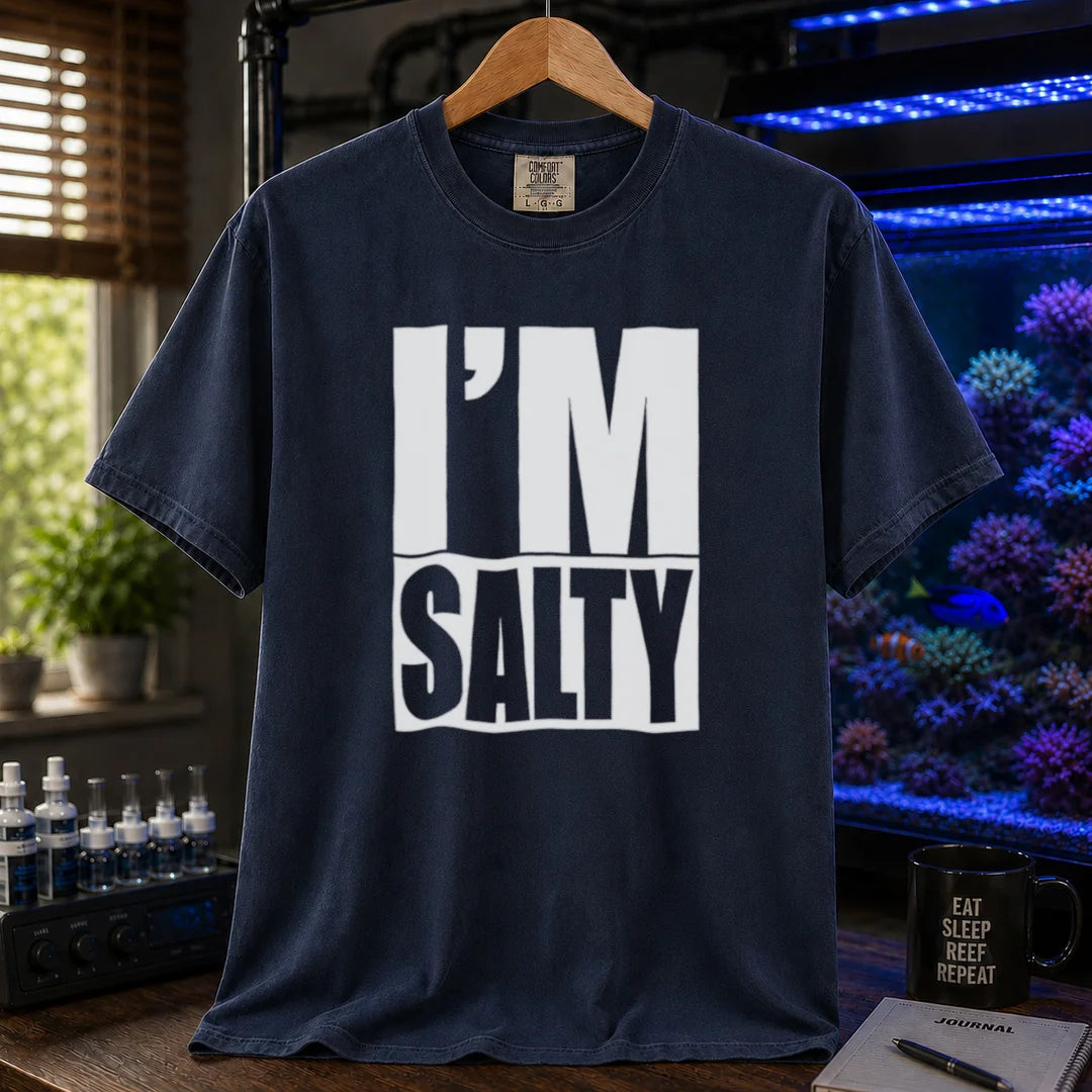 Saltwater aquarium graphic t-shirt featuring bold block text: I'M SALTY with a water line, navy crew neck tee