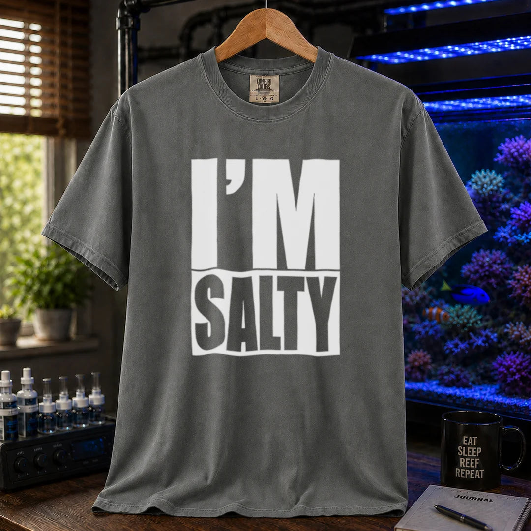Saltwater aquarium graphic t-shirt featuring bold block text: I'M SALTY with a water line, dark grey crew neck tee