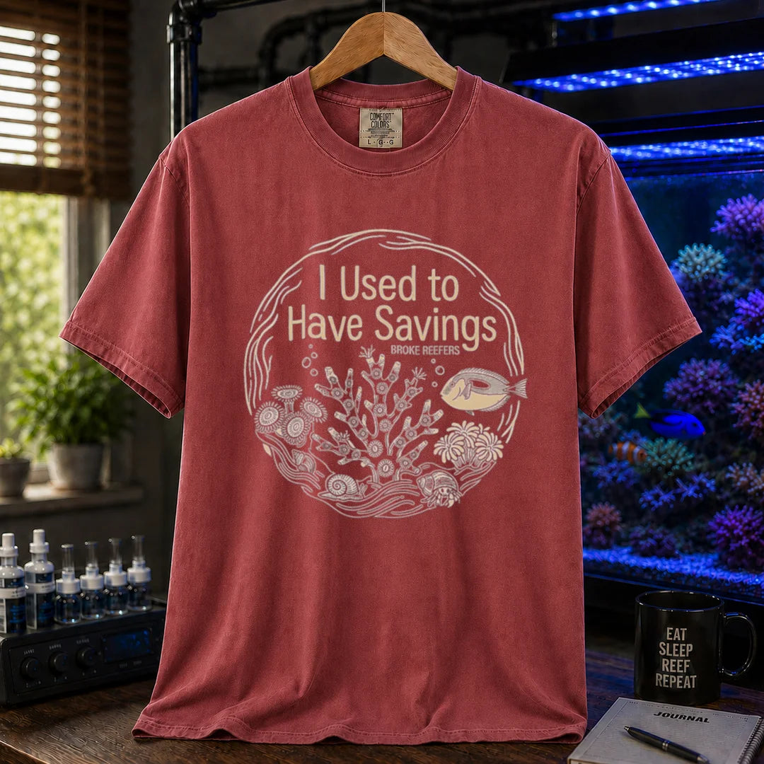 Saltwater aquarium graphic t-shirt featuring a circular reef illustration and text: I Used to Have Savings BROKE REEFERS, maroon, red crew neck tee