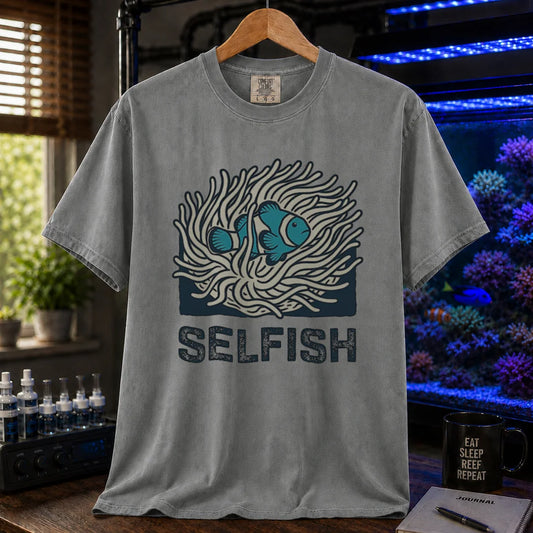 Saltwater aquarium graphic t-shirt featuring a clownfish in an anemone illustration and text: SELFISH, grey crew neck tee