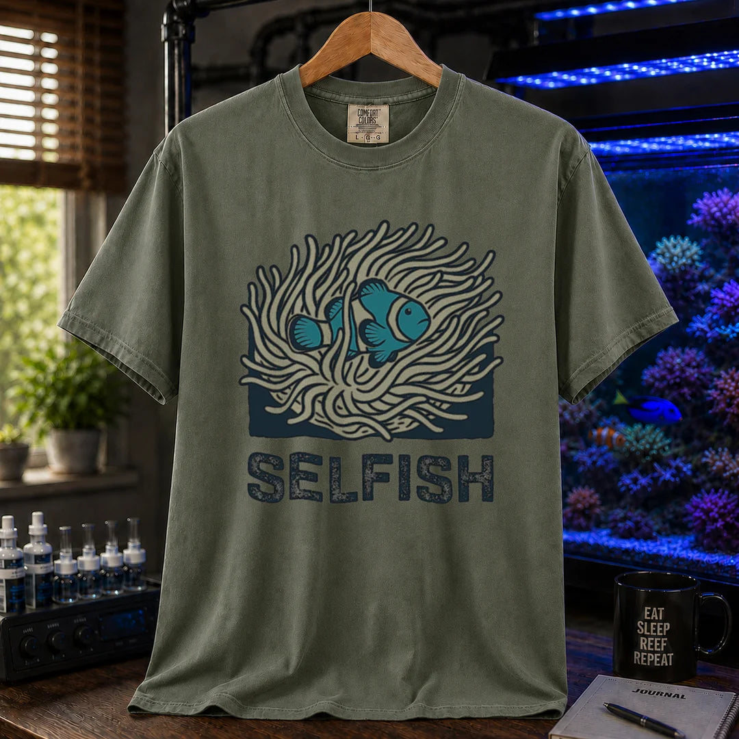 Saltwater aquarium graphic t-shirt featuring a clownfish in an anemone illustration and text: SELFISH, military green crew neck tee