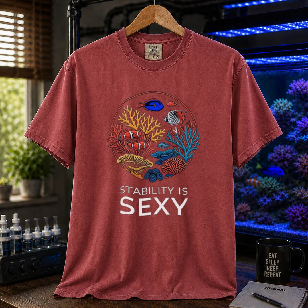 Saltwater aquarium graphic t-shirt featuring a circular coral reef illustration and text: STABILITY IS SEXY, maroon, red crew neck tee
