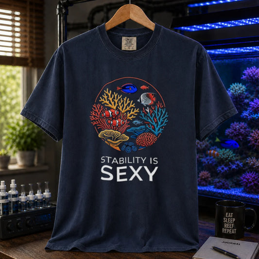 Saltwater aquarium graphic t-shirt featuring a circular coral reef illustration and text: STABILITY IS SEXY, navy crew neck tee