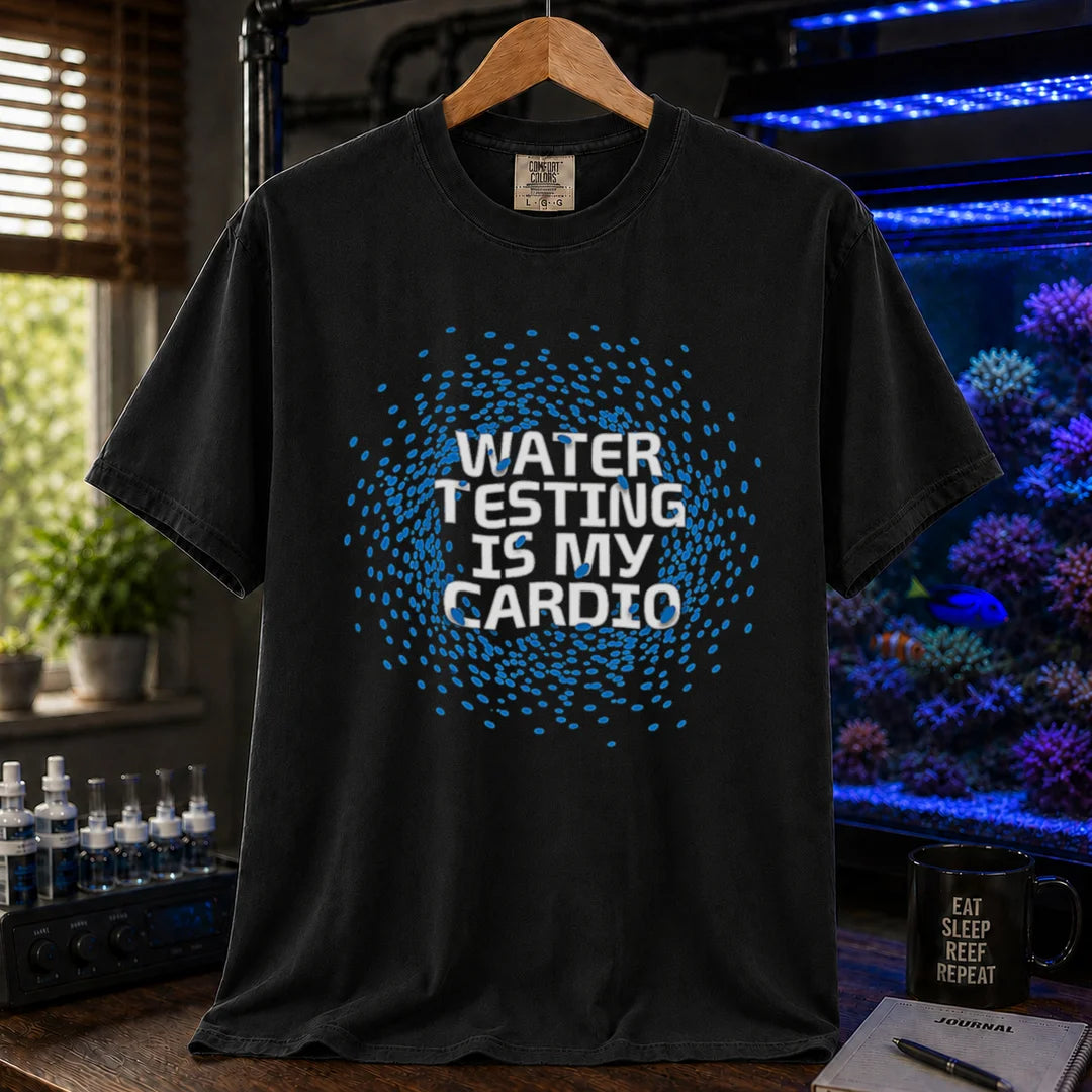 Saltwater aquarium graphic t-shirt featuring blue water drop graphics and text: WATER TESTING IS MY CARDIO, black crew neck tee