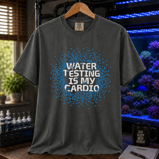 Saltwater aquarium graphic t-shirt featuring blue water drop graphics and text: WATER TESTING IS MY CARDIO, dark grey crew neck tee