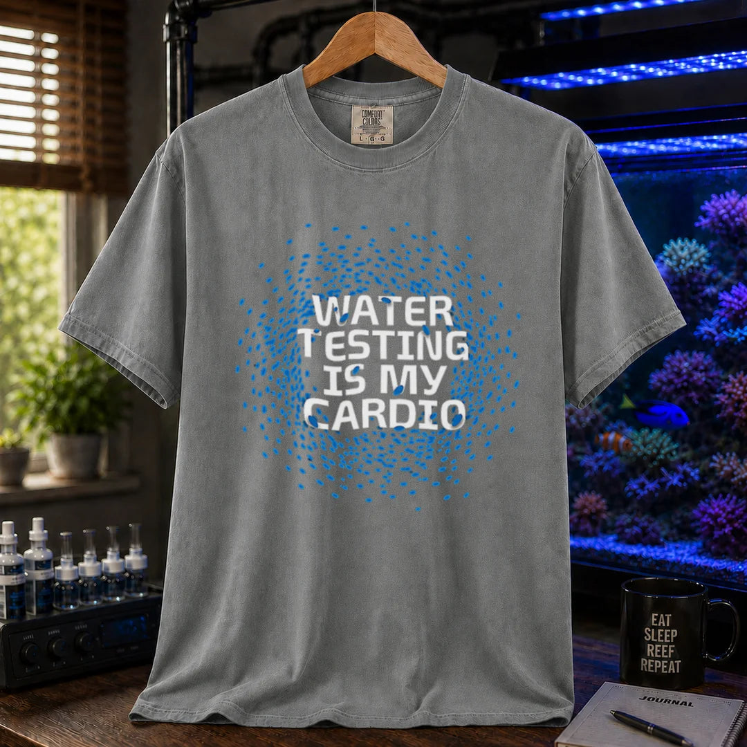 Saltwater aquarium graphic t-shirt featuring blue water drop graphics and text: WATER TESTING IS MY CARDIO, grey crew neck tee