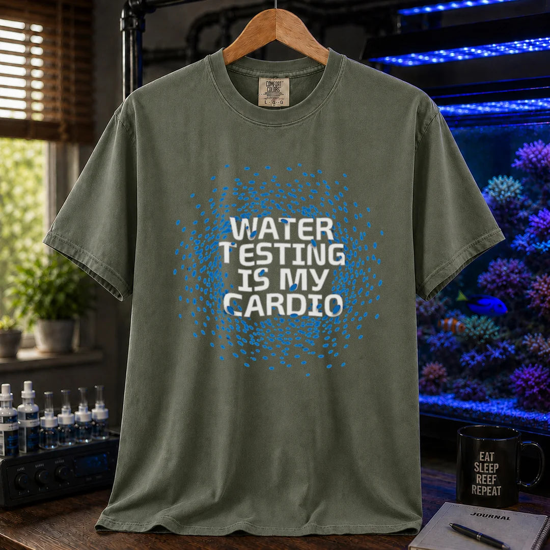 Saltwater aquarium graphic t-shirt featuring blue water drop graphics and text: WATER TESTING IS MY CARDIO, military green crew neck tee