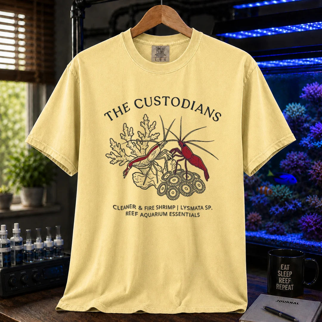 Saltwater aquarium graphic t-shirt featuring cleaner and fire shrimp illustrations with text: THE CUSTODIANS CLEANER & FIRE SHRIMP | LYSMATA SP. REEF AQUARIUM ESSENTIALS, yellow crew neck tee