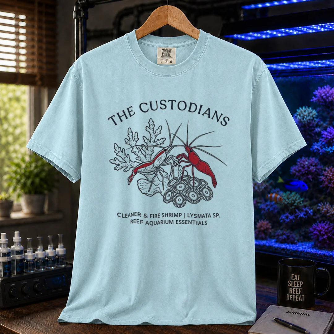 Saltwater aquarium graphic t-shirt featuring cleaner and fire shrimp illustrations with text: THE CUSTODIANS CLEANER & FIRE SHRIMP | LYSMATA SP. REEF AQUARIUM ESSENTIALS, light blue crew neck tee