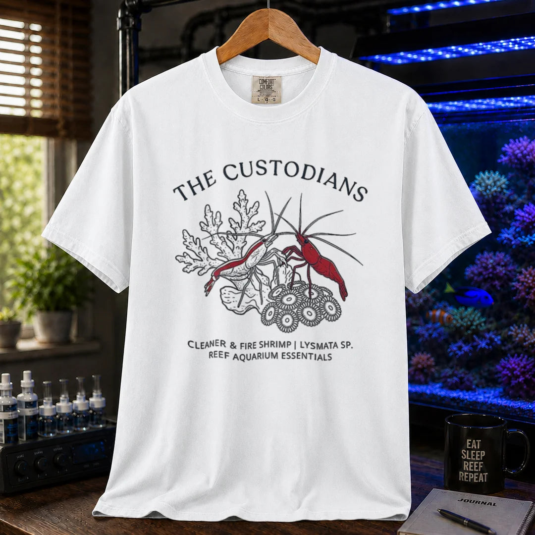 Saltwater aquarium graphic t-shirt featuring cleaner and fire shrimp illustrations with text: THE CUSTODIANS CLEANER & FIRE SHRIMP | LYSMATA SP. REEF AQUARIUM ESSENTIALS, white crew neck tee
