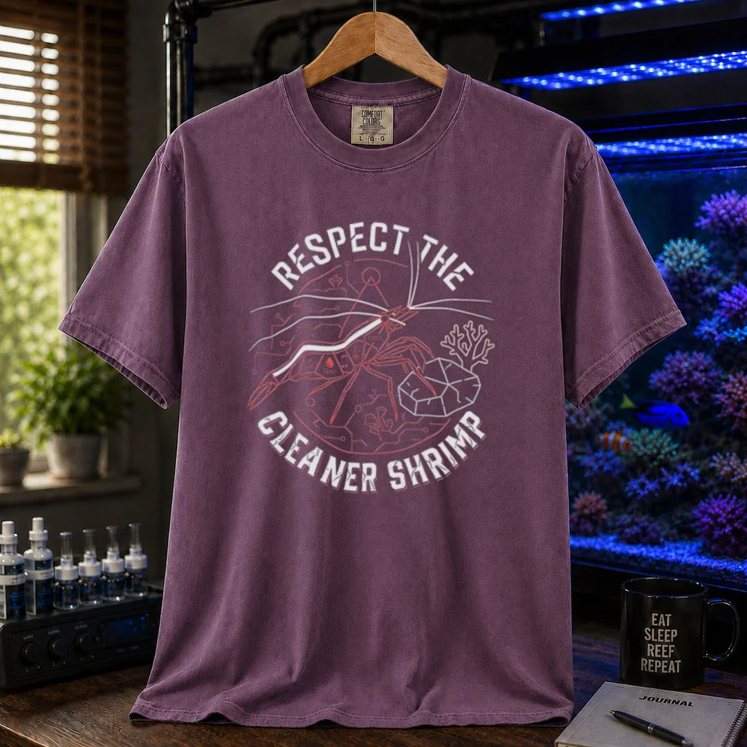 Saltwater aquarium graphic t-shirt featuring a schematic cleaner shrimp illustration and text: RESPECT THE CLEANER SHRIMP, purple crew neck tee