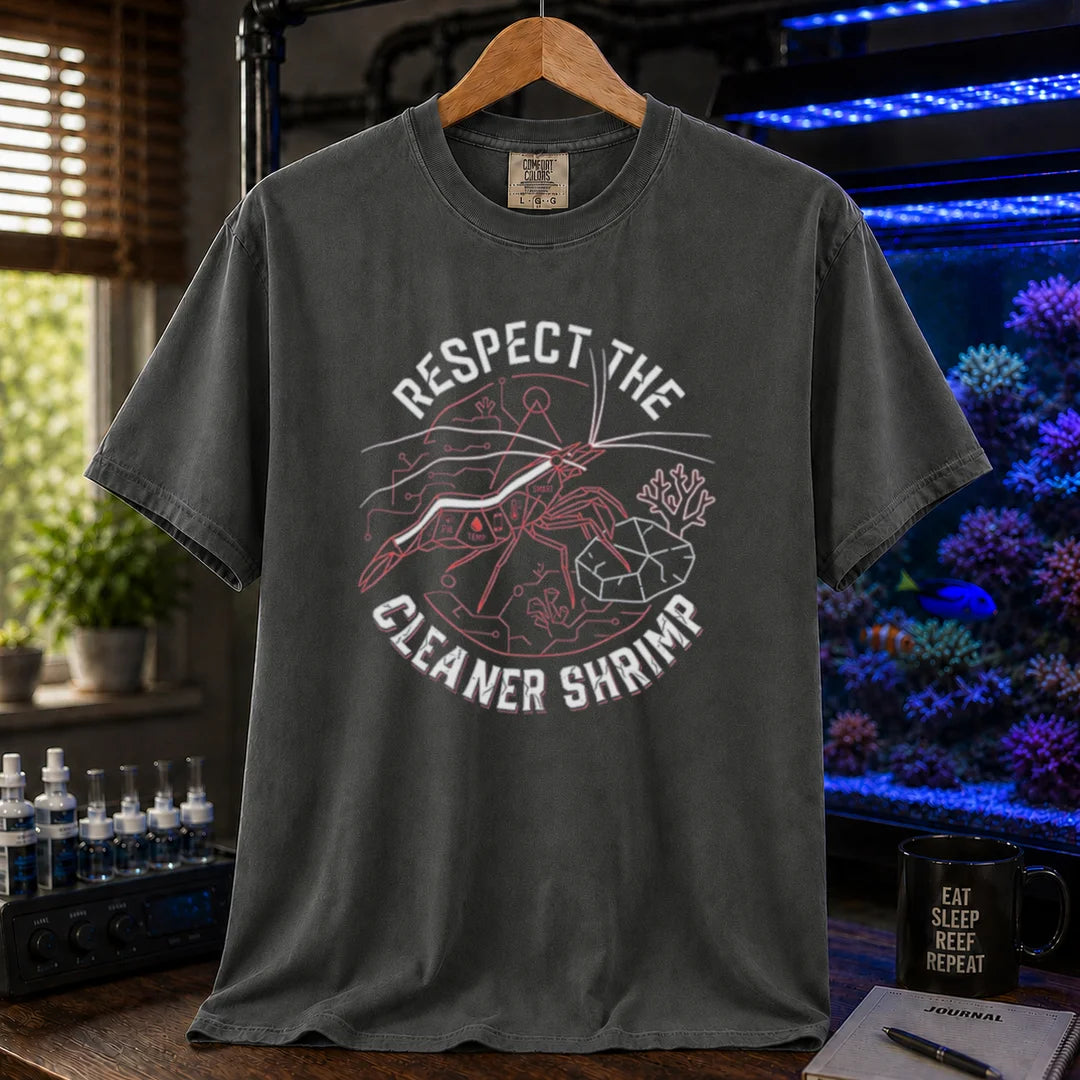 Saltwater aquarium graphic t-shirt featuring a schematic cleaner shrimp illustration and text: RESPECT THE CLEANER SHRIMP, dark grey crew neck tee